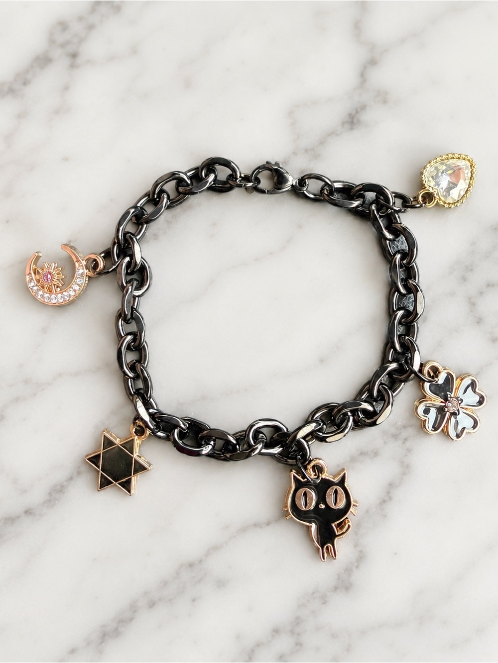 Charm bracelet kitty crescent moon flower and heart bling - Picture 1 of 2
